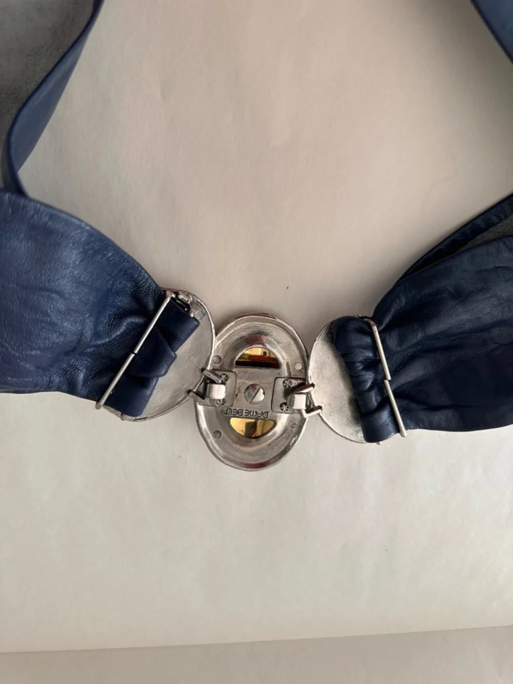 VINTAGE DAME BLUE LEATHER STATEMENT BUCKLE WASIT BELT